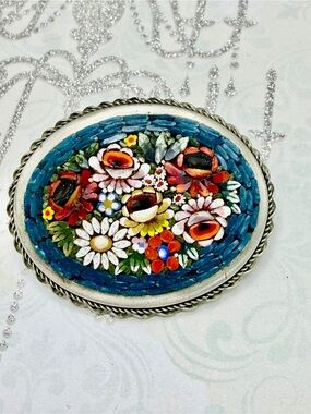 Vintage Floral Micro-Mosaic Oval Brooch - Blue & Multicolor #mo167